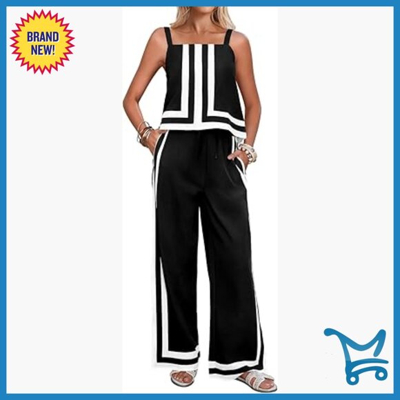 Small Polyester Lounge Set Cami Top Wide Leg Pants Summer Casual